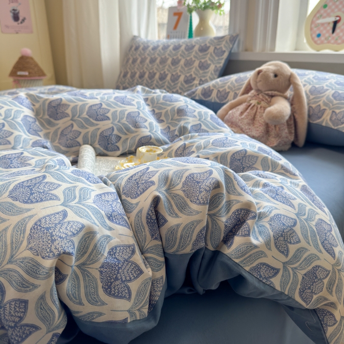 91家纺网 家纺一手货源 找家纺 如意朵 2026新款全棉棉麻印花四件套 蓝郁