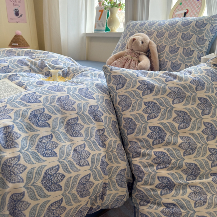 91家纺网 家纺一手货源 找家纺 如意朵 2026新款全棉棉麻印花四件套 蓝郁