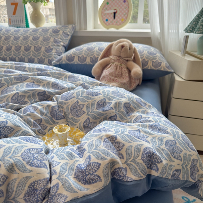 91家纺网 家纺一手货源 找家纺 如意朵 2026新款全棉棉麻印花四件套 蓝郁