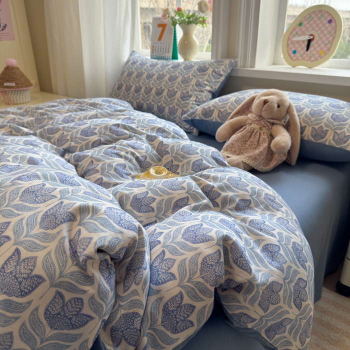 91家纺网 家纺一手货源 找家纺 如意朵 2026新款全棉棉麻印花四件套 蓝郁