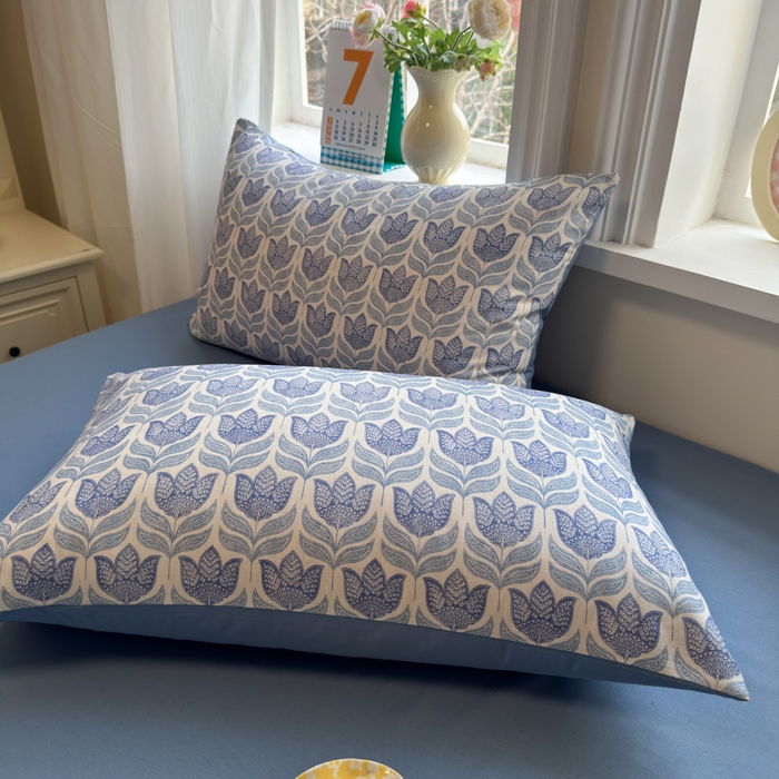 91家纺网 家纺一手货源 找家纺 如意朵 2026新款全棉棉麻印花四件套 蓝郁