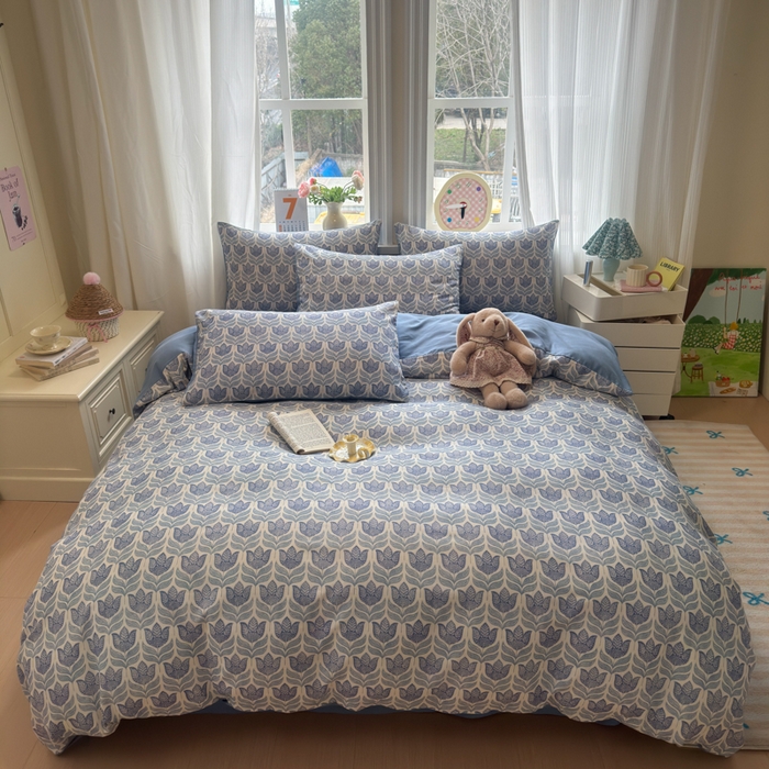 91家纺网 家纺一手货源 找家纺 如意朵 2026新款全棉棉麻印花四件套 蓝郁