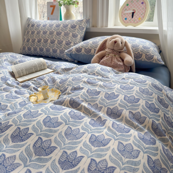 91家纺网 家纺一手货源 找家纺 如意朵 2026新款全棉棉麻印花四件套 蓝郁