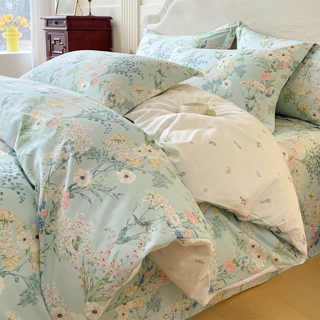 91家纺网 家纺一手货源 找家纺 宝齐莱家纺 2026新款全棉纯棉13372印花四件套 浅茉