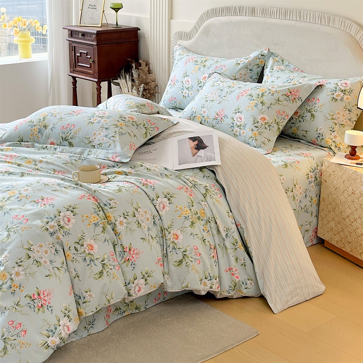 91家纺网 家纺一手货源 找家纺 宝齐莱家纺 2026新款全棉纯棉13372印花四件套 午后花园