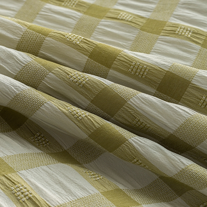 91家纺网 家纺一手货源 找家纺 恩和家纺 2026新款格子泡泡纱荷叶边四件套床单款床裙款套件 窗格花绿色