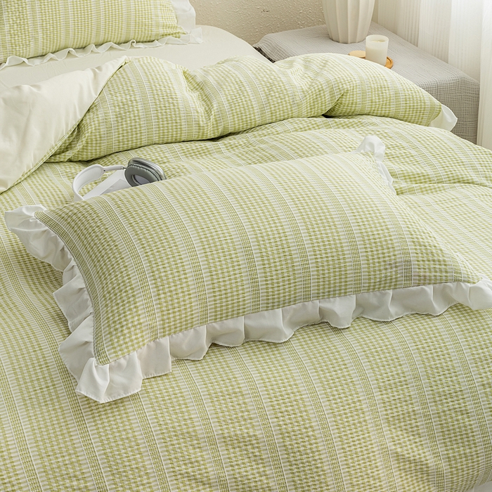 91家纺网 家纺一手货源 找家纺 恩和家纺 2026新款格子泡泡纱荷叶边四件套床单款床裙款套件 阳离子绿色