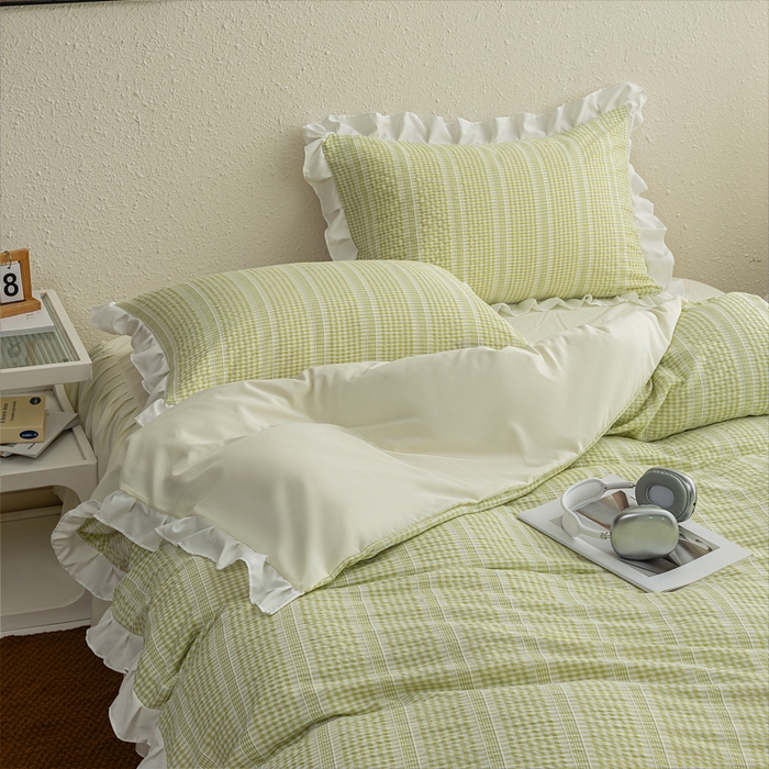 91家纺网 家纺一手货源 找家纺 恩和家纺 2026新款格子泡泡纱荷叶边四件套床单款床裙款套件 阳离子绿色