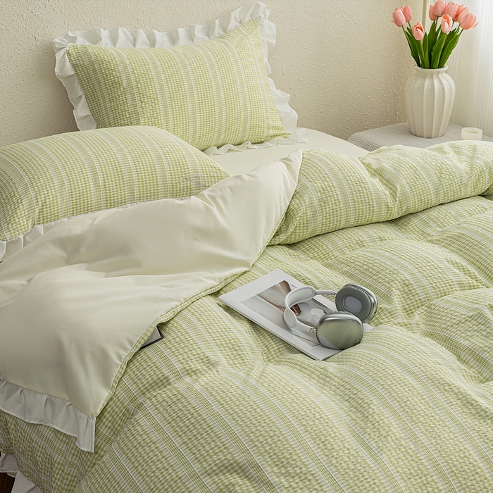 91家纺网 家纺一手货源 找家纺 恩和家纺 2026新款格子泡泡纱荷叶边四件套床单款床裙款套件 阳离子绿色