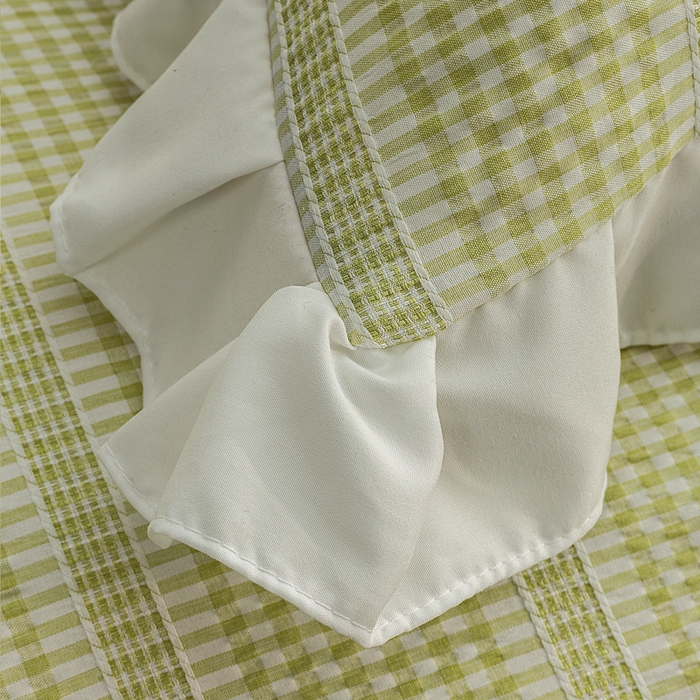 91家纺网 家纺一手货源 找家纺 恩和家纺 2026新款格子泡泡纱荷叶边四件套床单款床裙款套件 阳离子绿色