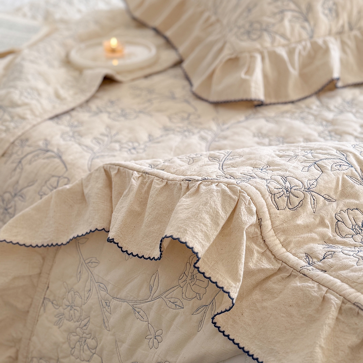 91家纺网 家纺一手货源 找家纺 琳可家居 2026新款东方美学棉麻床盖三件套四件套可搭配被套 浅絮花颜