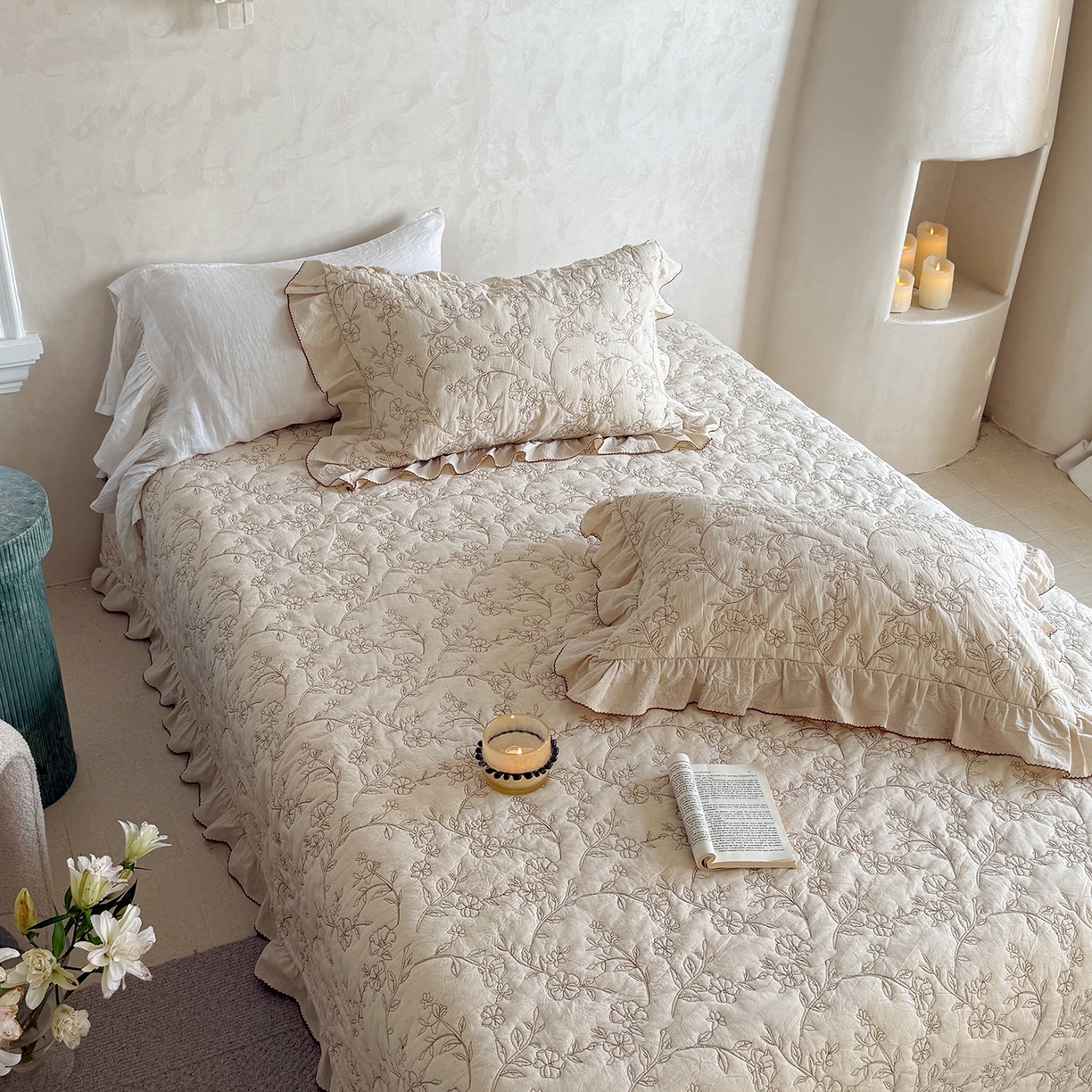 91家纺网 家纺一手货源 找家纺 琳可家居 2026新款东方美学棉麻床盖三件套四件套可搭配被套 素枝花曳