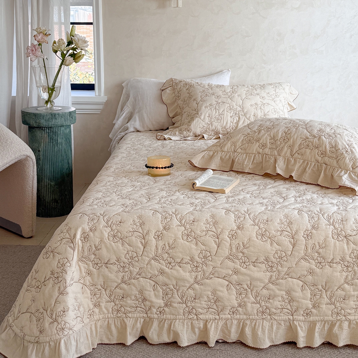 91家纺网 家纺一手货源 找家纺 琳可家居 2026新款东方美学棉麻床盖三件套四件套可搭配被套 素枝花曳