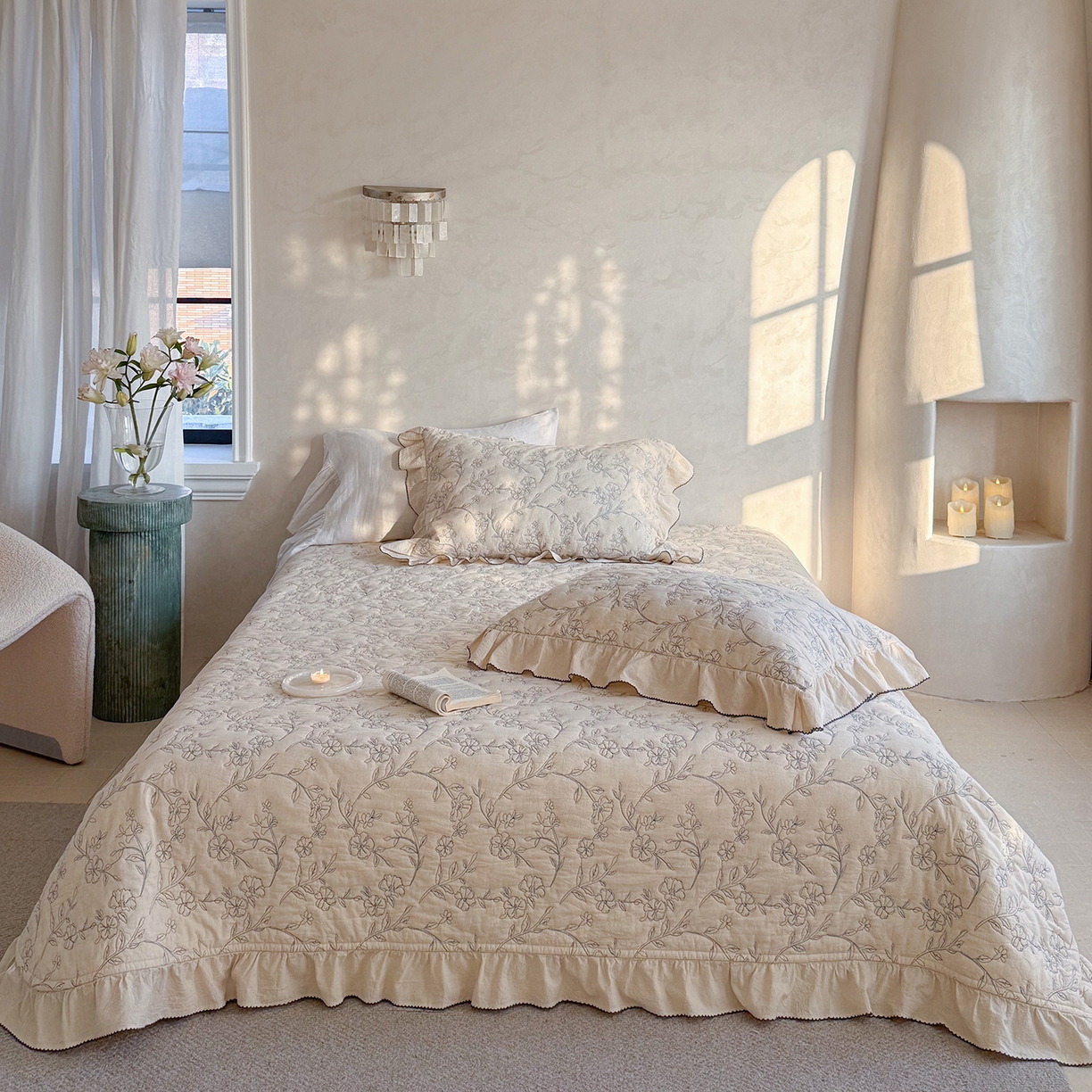 琳可家居 2026新款东方美学棉麻床盖三件套四件套可搭配被套 浅絮花颜