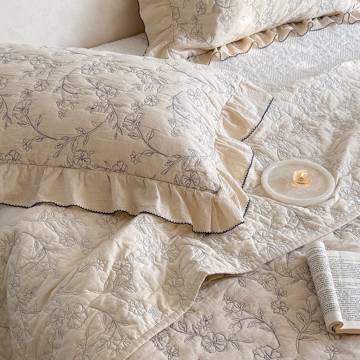 91家纺网 家纺一手货源 找家纺 琳可家居 2026新款东方美学棉麻床盖三件套四件套可搭配被套 浅絮花颜