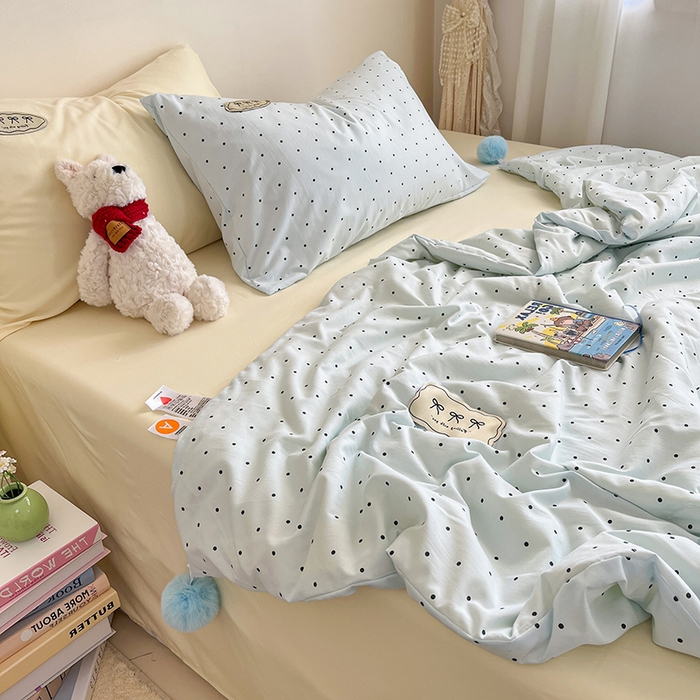 91家纺网 家纺一手货源 找家纺 （总）桃心家居 2026新款A类ins云柔水洗棉织标蝴蝶结毛球少女大豆单夏被夏被四件套系列