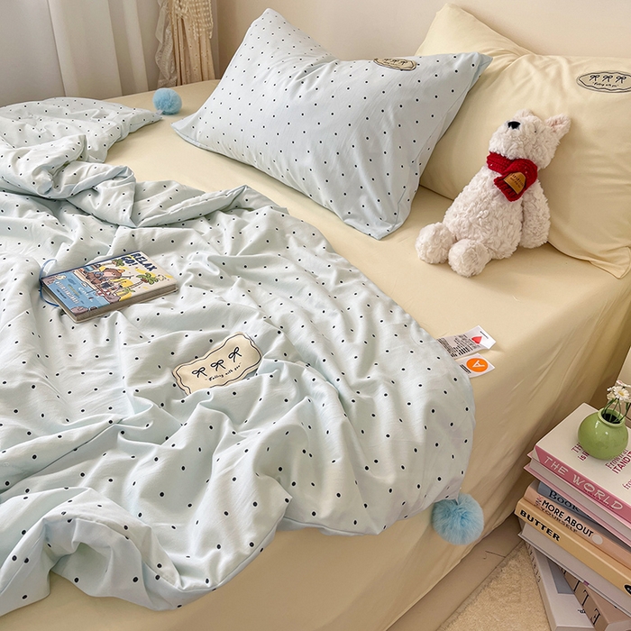 91家纺网 家纺一手货源 找家纺 （总）桃心家居 2026新款A类ins云柔水洗棉织标蝴蝶结毛球少女大豆单夏被夏被四件套系列