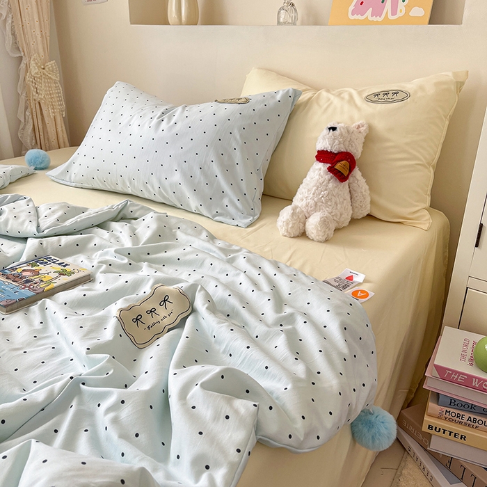 91家纺网 家纺一手货源 找家纺 桃心家居 2026新款A类ins云柔水洗棉织标蝴蝶结毛球少女大豆单夏被夏被四件套系列 水洗棉毛球-夏被薄荷布丁