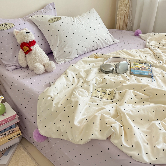 91家纺网 家纺一手货源 找家纺 桃心家居 2026新款A类ins云柔水洗棉织标蝴蝶结毛球少女大豆单夏被夏被四件套系列 水洗棉毛球-夏被芋泥波点
