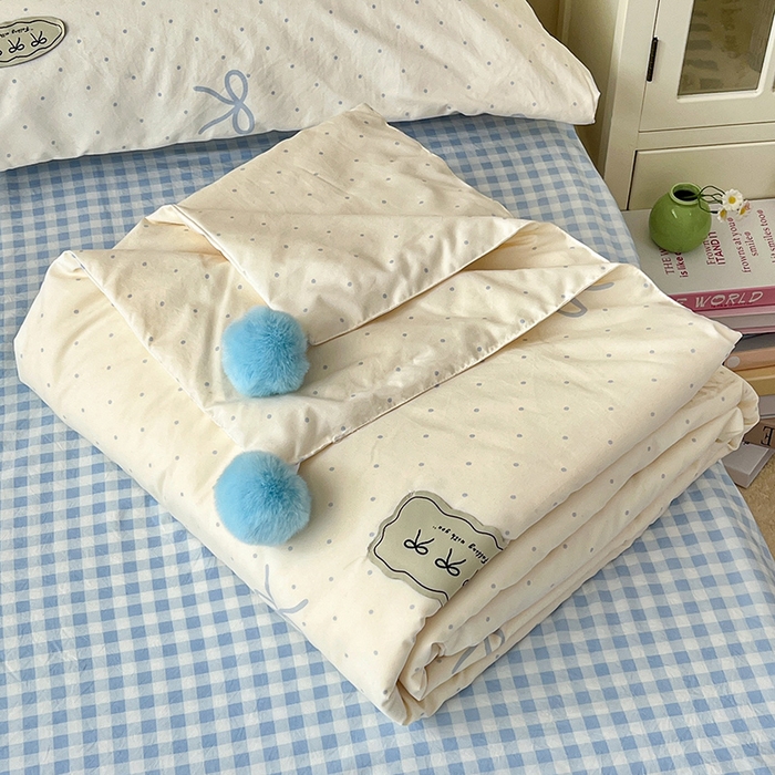 桃心家居 2026新款A类ins云柔水洗棉织标蝴蝶结毛球少女大豆单夏被夏被四件套系列 水洗棉毛球-夏被清新梦蓝