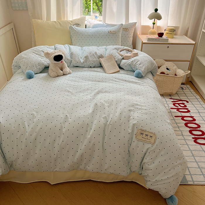 91家纺网 家纺一手货源 找家纺 桃心家居 2026新款A类ins云柔水洗棉织标混搭蝴蝶结毛球少女奶呼呼仙气四件套 水洗棉毛球-蝴蝶结薄荷布丁