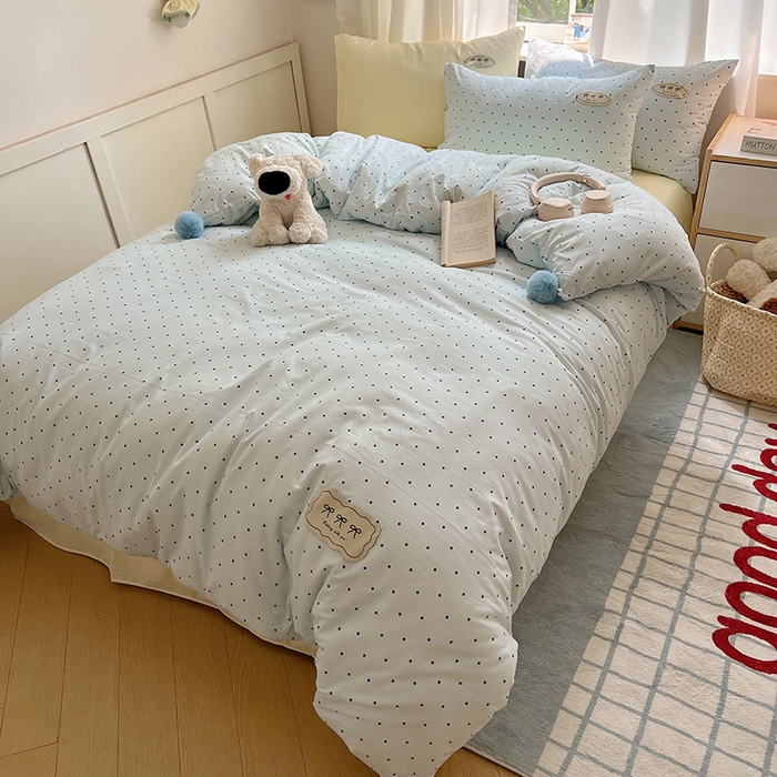 91家纺网 家纺一手货源 找家纺 桃心家居 2026新款A类ins云柔水洗棉织标混搭蝴蝶结毛球少女奶呼呼仙气四件套 水洗棉毛球-蝴蝶结薄荷布丁