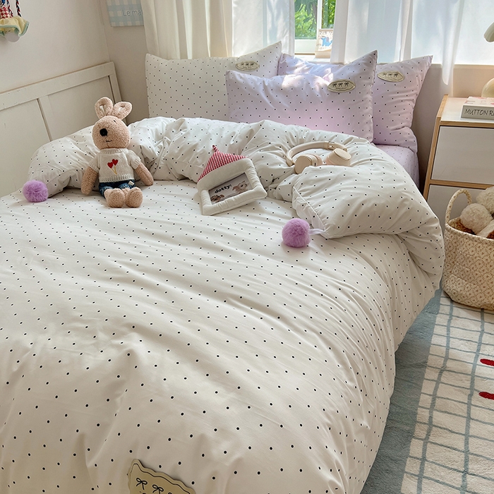 91家纺网 家纺一手货源 找家纺 桃心家居 2026新款A类ins云柔水洗棉织标混搭蝴蝶结毛球少女奶呼呼仙气四件套 水洗棉毛球-蝴蝶结芋泥波点