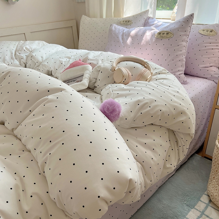 91家纺网 家纺一手货源 找家纺 桃心家居 2026新款A类ins云柔水洗棉织标混搭蝴蝶结毛球少女奶呼呼仙气四件套 水洗棉毛球-蝴蝶结芋泥波点