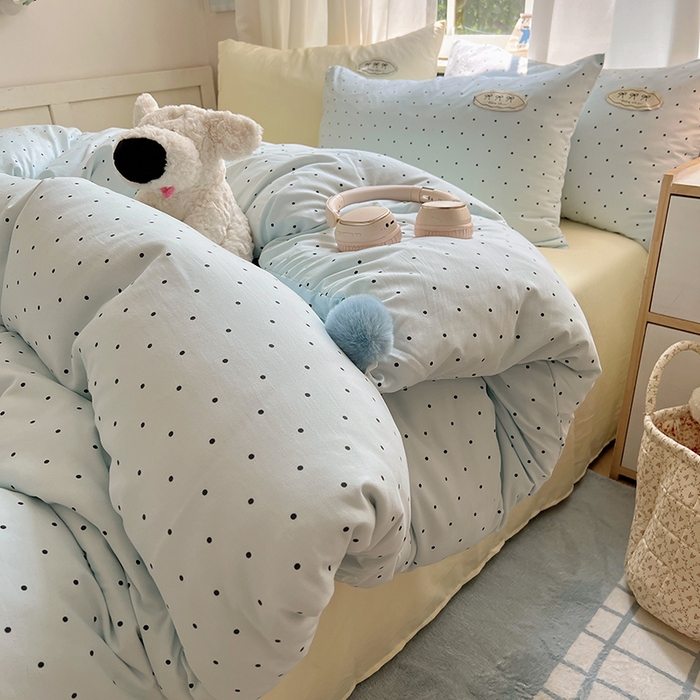 91家纺网 家纺一手货源 找家纺 桃心家居 2026新款A类ins云柔水洗棉织标混搭蝴蝶结毛球少女奶呼呼仙气四件套 水洗棉毛球-蝴蝶结薄荷布丁