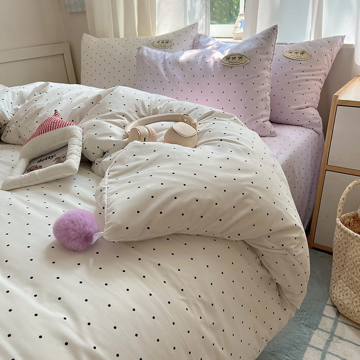 91家纺网 家纺一手货源 找家纺 桃心家居 2026新款A类ins云柔水洗棉织标混搭蝴蝶结毛球少女奶呼呼仙气四件套 水洗棉毛球-蝴蝶结芋泥波点