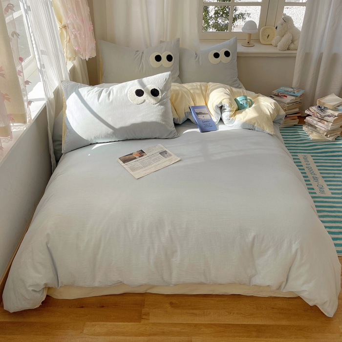 91家纺网 家纺一手货源 找家纺 （总）桃心家居 2026新款A类亲肤舒适软糯云柔水洗棉大眼睛毛巾绣混搭格子撞色系列四件套