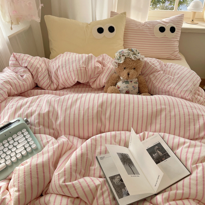 91家纺网 家纺一手货源 找家纺 （总）桃心家居 2026新款A类亲肤舒适软糯云柔水洗棉大眼睛毛巾绣混搭格子撞色系列四件套