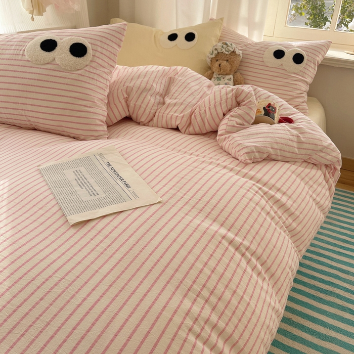 91家纺网 家纺一手货源 找家纺 （总）桃心家居 2026新款A类亲肤舒适软糯云柔水洗棉大眼睛毛巾绣混搭格子撞色系列四件套