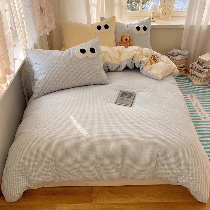 91家纺网 家纺一手货源 找家纺 （总）桃心家居 2026新款A类亲肤舒适软糯云柔水洗棉大眼睛毛巾绣混搭格子撞色系列四件套