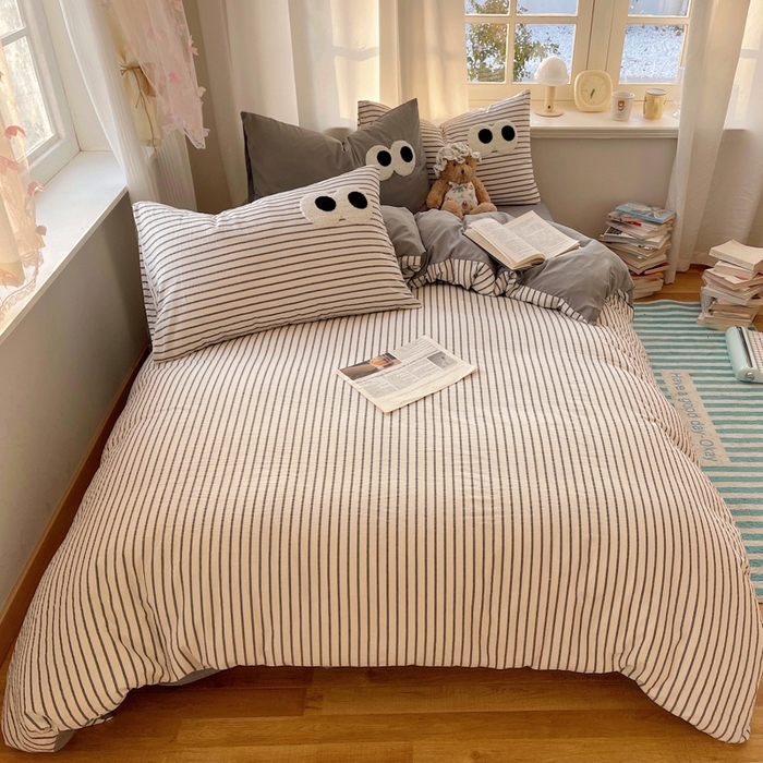 91家纺网 家纺一手货源 找家纺 （总）桃心家居 2026新款A类亲肤舒适软糯云柔水洗棉大眼睛毛巾绣混搭格子撞色系列四件套