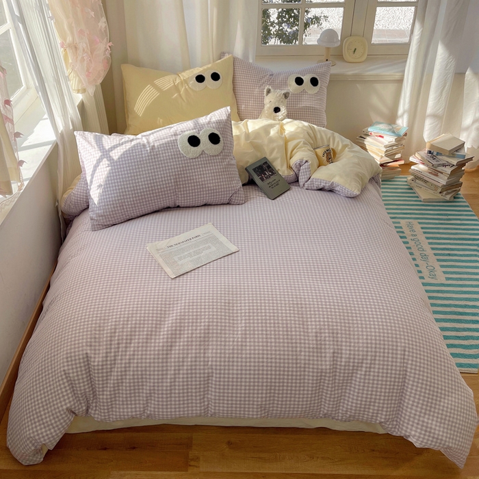 91家纺网 家纺一手货源 找家纺 （总）桃心家居 2026新款A类亲肤舒适软糯云柔水洗棉大眼睛毛巾绣混搭格子撞色系列四件套