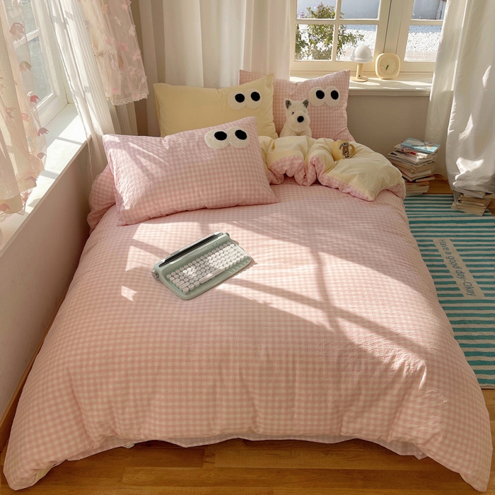 桃心家居 2026新款A类亲肤舒适软糯云柔水洗棉大眼睛毛巾绣混搭格子撞色系列四件套 云柔水洗棉-大眼粉小格奶黄