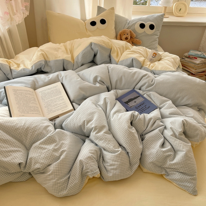 91家纺网 家纺一手货源 找家纺 桃心家居 2026新款A类亲肤舒适软糯云柔水洗棉大眼睛毛巾绣混搭格子撞色系列四件套 云柔水洗棉-大眼奶黄小蓝格2