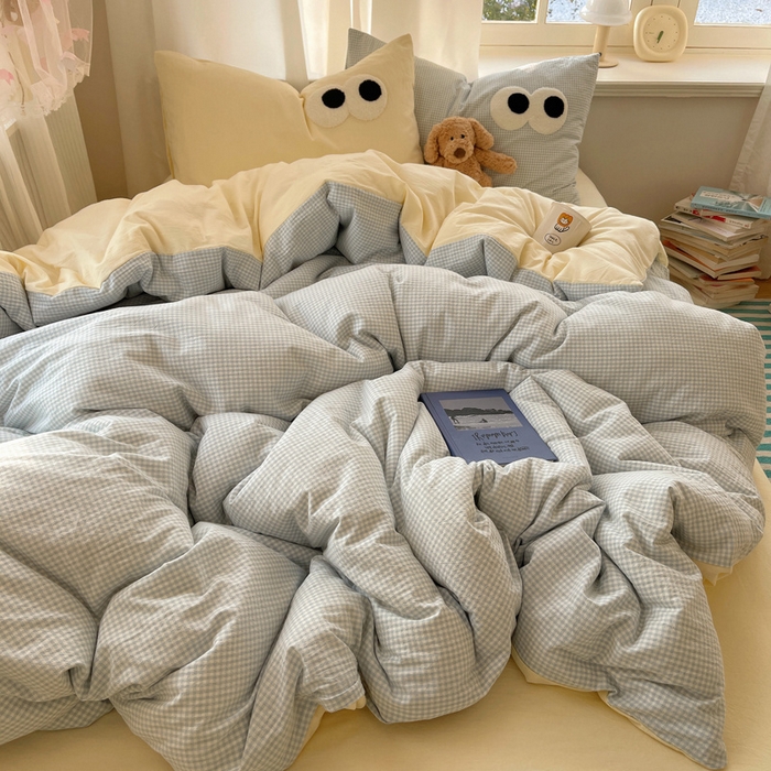 91家纺网 家纺一手货源 找家纺 桃心家居 2026新款A类亲肤舒适软糯云柔水洗棉大眼睛毛巾绣混搭格子撞色系列四件套 云柔水洗棉-大眼奶黄小蓝格2