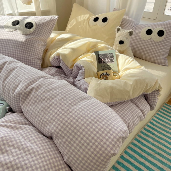 91家纺网 家纺一手货源 找家纺 桃心家居 2026新款A类亲肤舒适软糯云柔水洗棉大眼睛毛巾绣混搭格子撞色系列四件套 云柔水洗棉-大眼紫小格奶黄