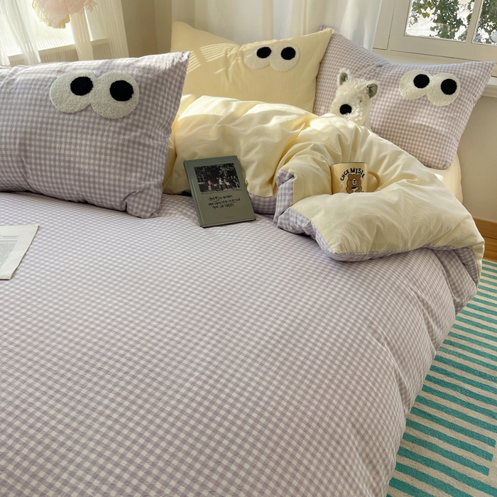 91家纺网 家纺一手货源 找家纺 桃心家居 2026新款A类亲肤舒适软糯云柔水洗棉大眼睛毛巾绣混搭格子撞色系列四件套 云柔水洗棉-大眼紫小格奶黄