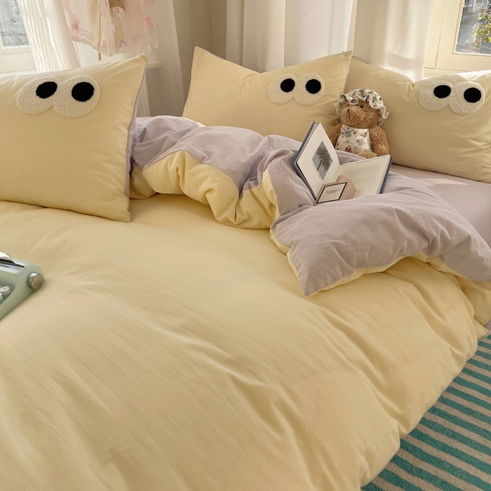 91家纺网 家纺一手货源 找家纺 桃心家居 2026新款A类亲肤舒适软糯云柔水洗棉大眼睛毛巾绣混搭格子撞色系列四件套 云柔水洗棉-大眼奶油葡萄