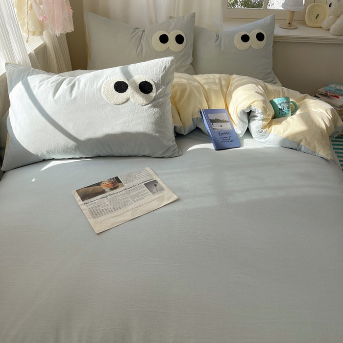 91家纺网 家纺一手货源 找家纺 桃心家居 2026新款A类亲肤舒适软糯云柔水洗棉大眼睛毛巾绣混搭格子撞色系列四件套 云柔水洗棉-大眼海盐奶黄