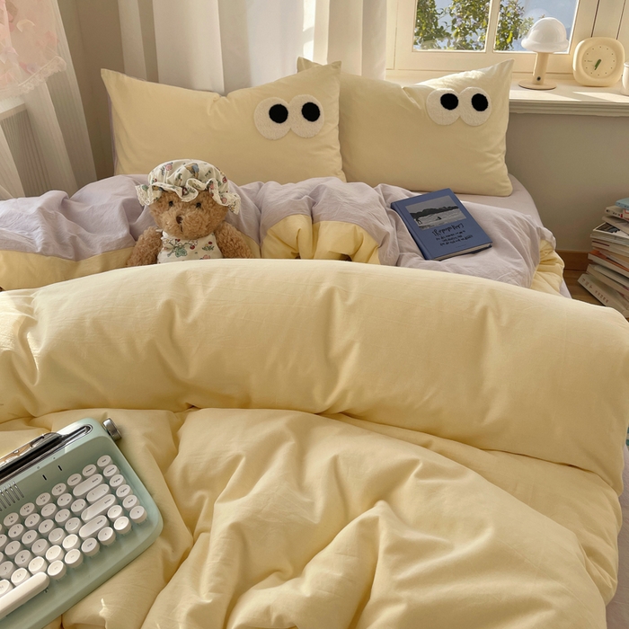 91家纺网 家纺一手货源 找家纺 桃心家居 2026新款A类亲肤舒适软糯云柔水洗棉大眼睛毛巾绣混搭格子撞色系列四件套 云柔水洗棉-大眼奶油葡萄