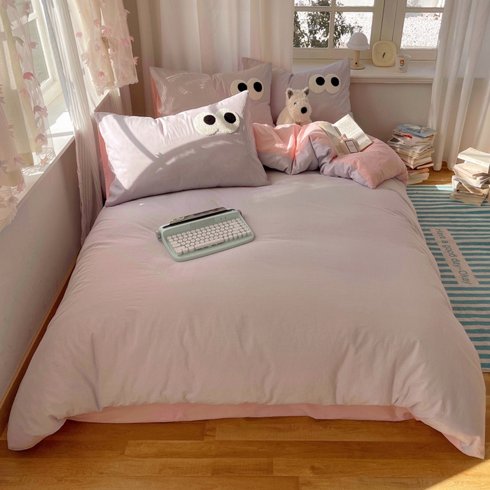 桃心家居 2026新款A类亲肤舒适软糯云柔水洗棉大眼睛毛巾绣混搭格子撞色系列四件套 云柔水洗棉-大眼葡萄粉桃