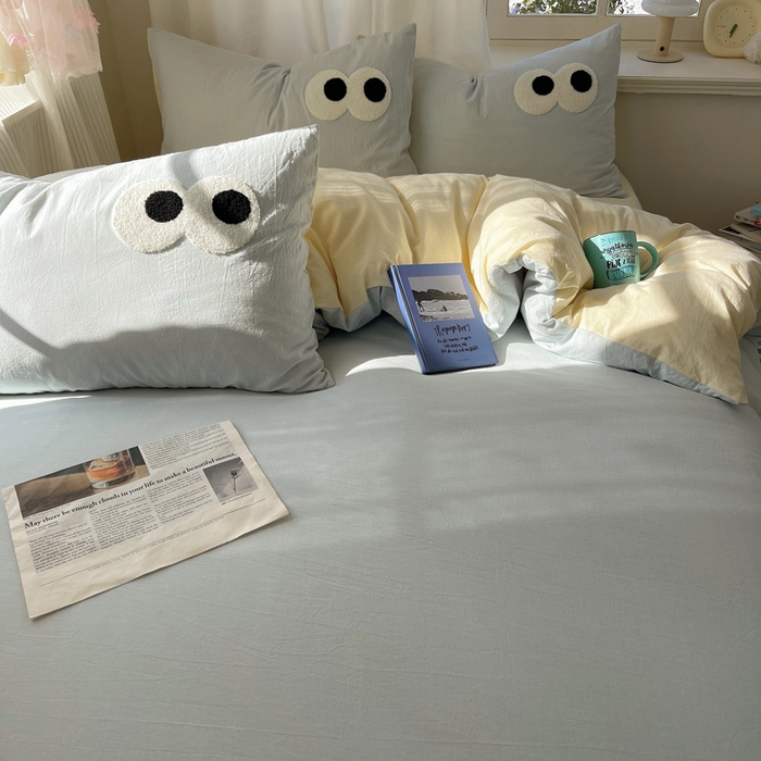 91家纺网 家纺一手货源 找家纺 桃心家居 2026新款A类亲肤舒适软糯云柔水洗棉大眼睛毛巾绣混搭格子撞色系列四件套 云柔水洗棉-大眼海盐奶黄