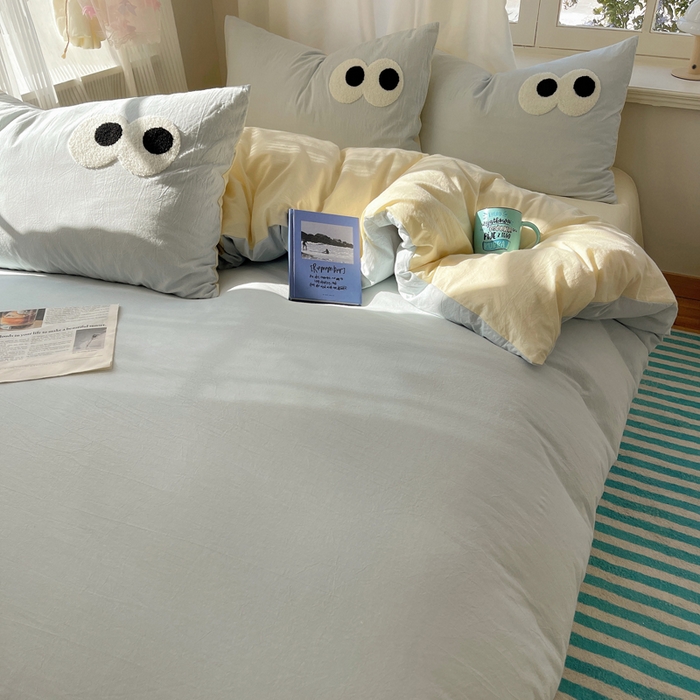 91家纺网 家纺一手货源 找家纺 桃心家居 2026新款A类亲肤舒适软糯云柔水洗棉大眼睛毛巾绣混搭格子撞色系列四件套 云柔水洗棉-大眼海盐奶黄