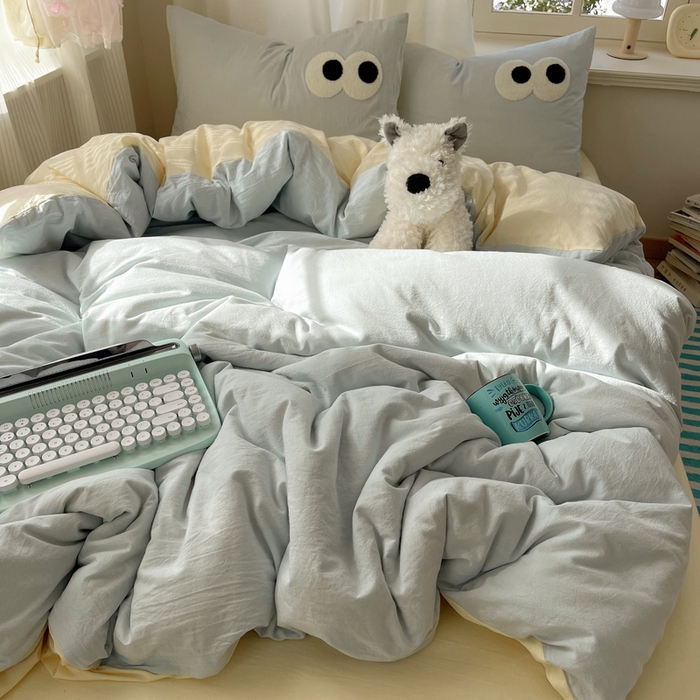 91家纺网 家纺一手货源 找家纺 桃心家居 2026新款A类亲肤舒适软糯云柔水洗棉大眼睛毛巾绣混搭格子撞色系列四件套 云柔水洗棉-大眼海盐奶黄