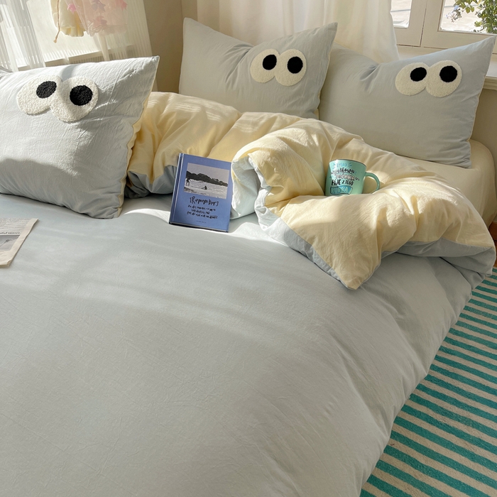 91家纺网 家纺一手货源 找家纺 桃心家居 2026新款A类亲肤舒适软糯云柔水洗棉大眼睛毛巾绣混搭格子撞色系列四件套 云柔水洗棉-大眼海盐奶黄