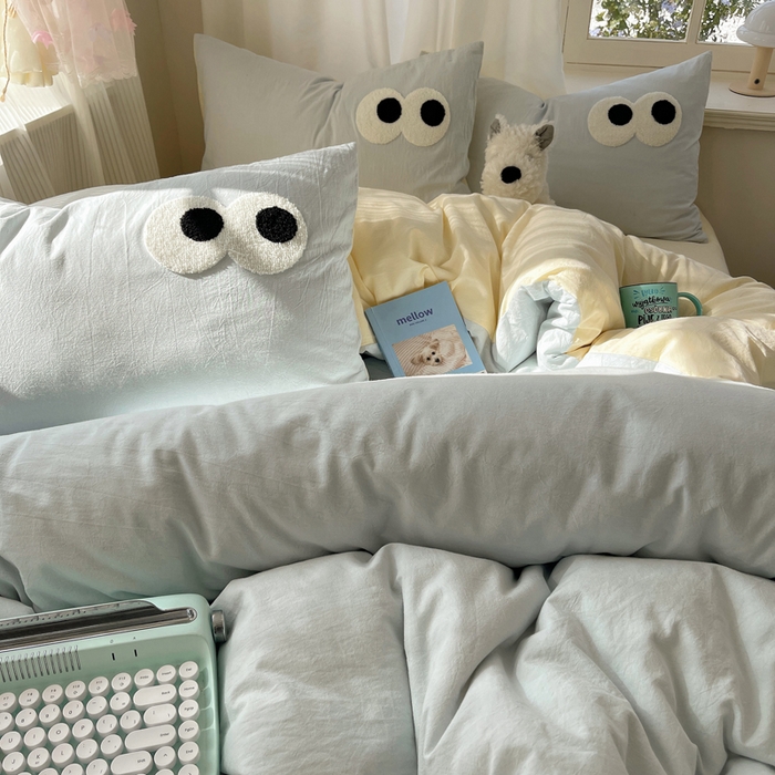 91家纺网 家纺一手货源 找家纺 桃心家居 2026新款A类亲肤舒适软糯云柔水洗棉大眼睛毛巾绣混搭格子撞色系列四件套 云柔水洗棉-大眼海盐奶黄